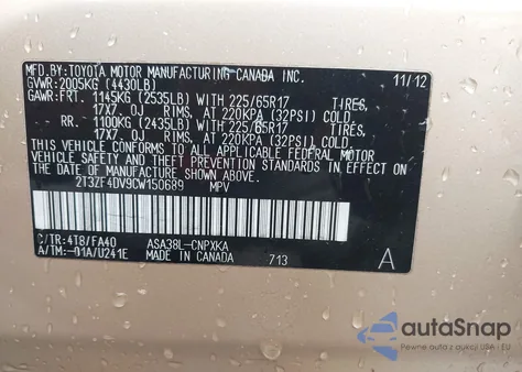 2012 Toyo Rav4 Fwd из США, поврежденный, VIN 2T3ZF4DV9CW150689